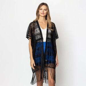 Aztec Boho Lace Fringe Kimono Cover Up Black
